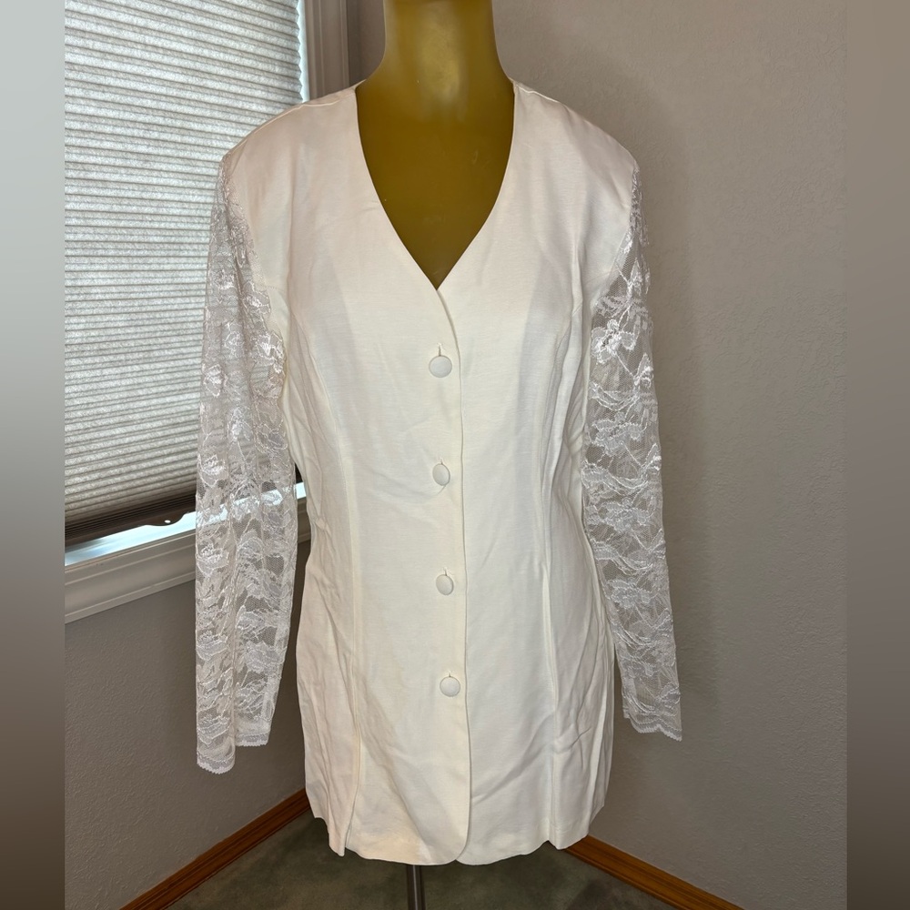 White Lace Sleeve Button-Up Blazer or mini skirt. Habits size 14.
